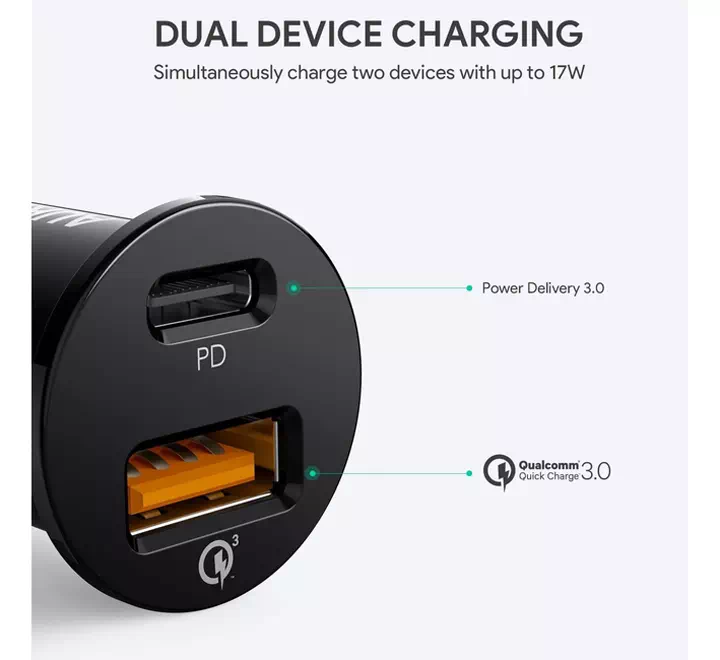 Aukey 21W USB C Power Delivery And USB QC3.0 Car Charger Black - Image 2