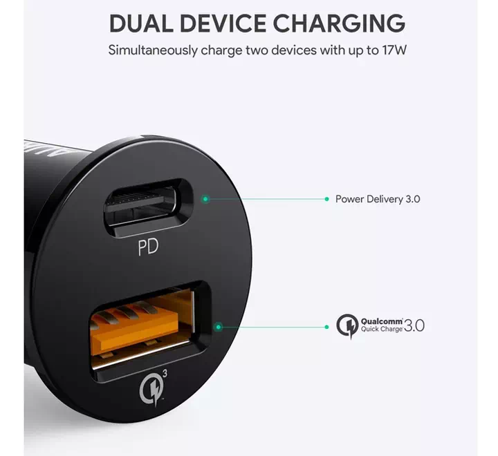 Aukey 21W USB C Power Delivery And USB QC3.0 Car Charger Black - Image 3